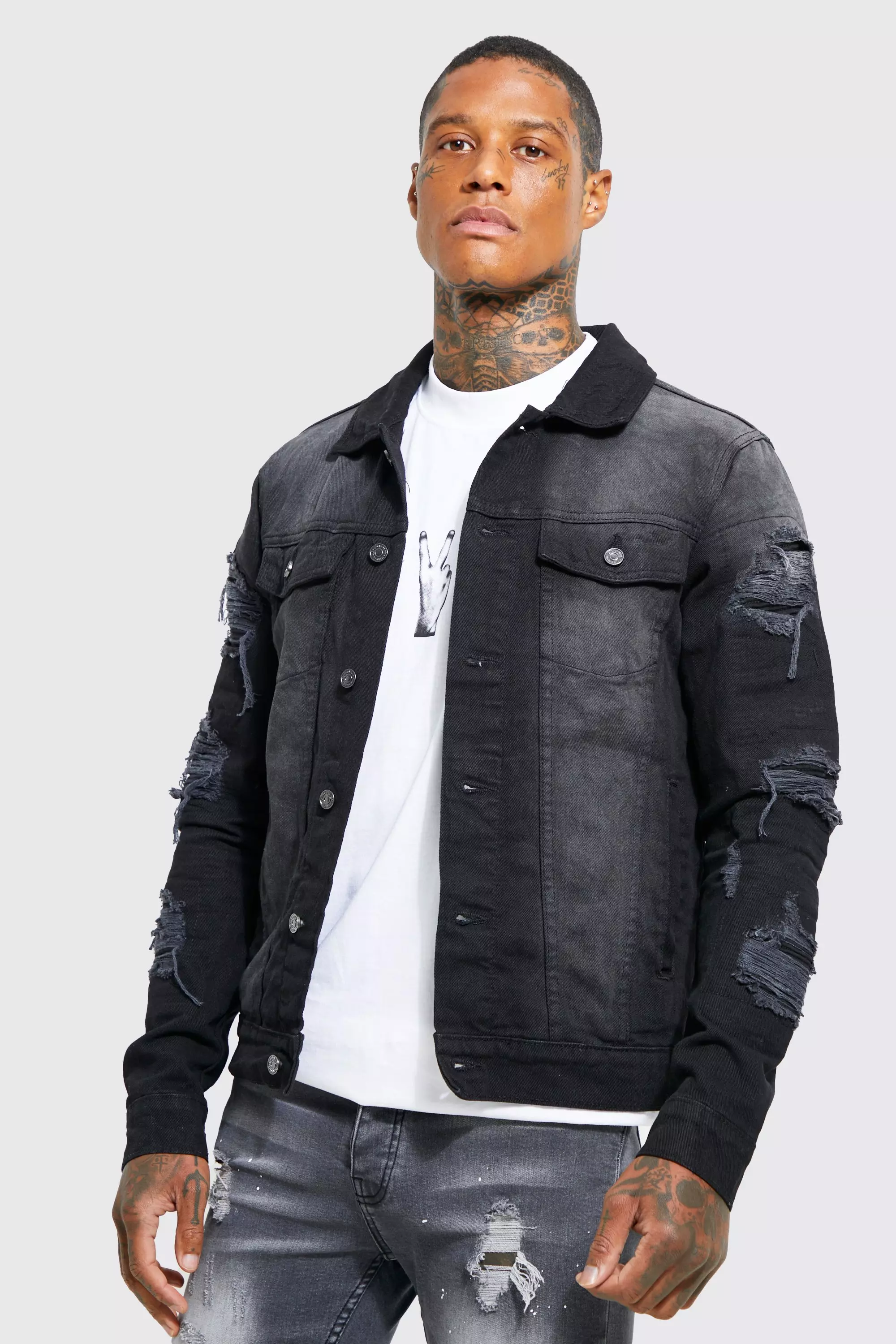 Black denim jacket hot sale ripped